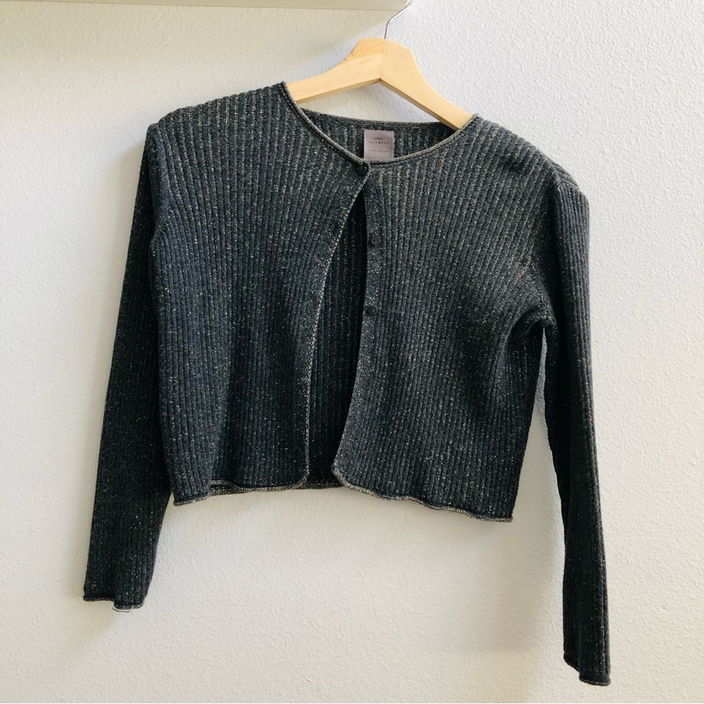 Zara Girls Knitwear Collection Holiday Gray Metallic Gold Three Button Cardigan